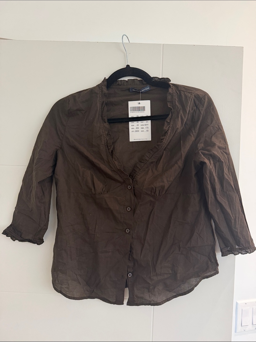 Brandy Melville women’s  Brown Ruffle-Trim Button Front Top